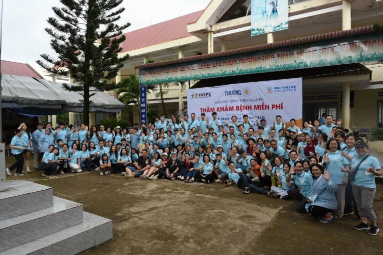 Volunteers in front of a free medical outreach banner by Hope for Tomorrow and Sun For Life
