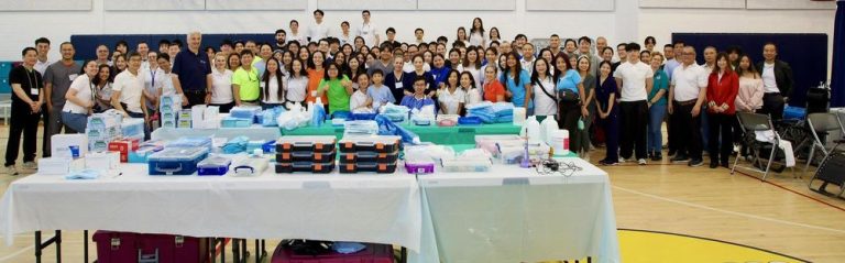 Volunteers with donated dental supplies at a free clinic in Loudoun County, Virginia